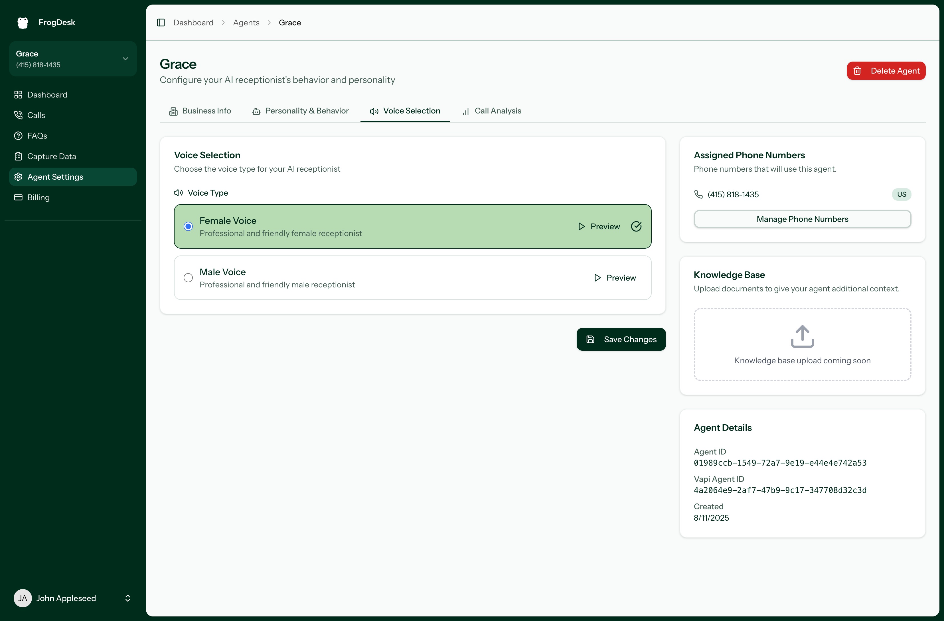 Frogdesk AI Agent Settings Dashboard
