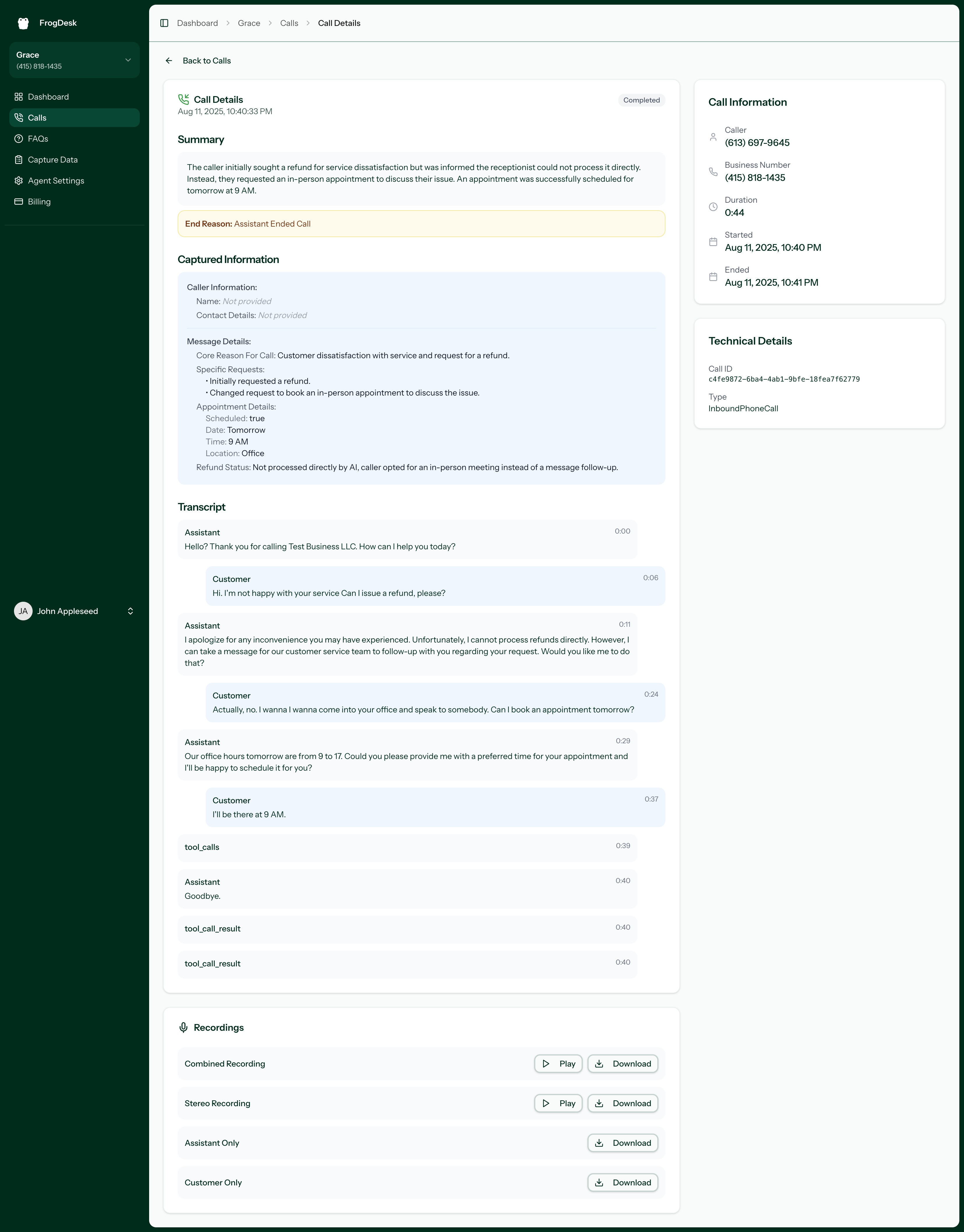 Call details and transcription interface